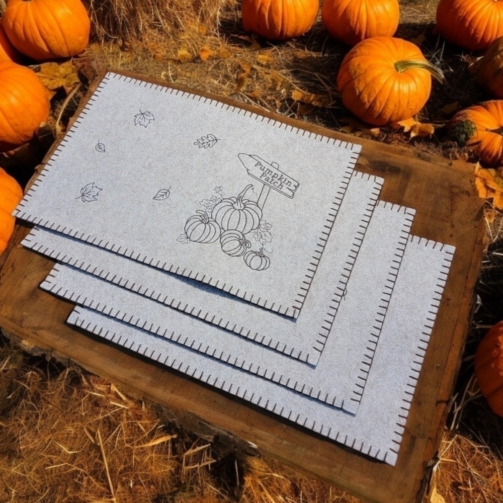 4 Pumpkin Patch Felt Placemats 18 x 12 Whip Stitch Halloween Harvest Fall T04